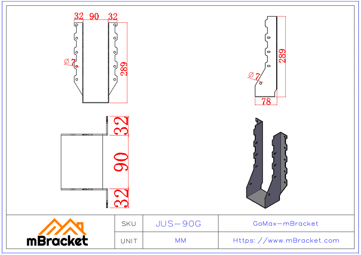 Balkenschuh - U-Bügel für horizontale Verbindung von Balken und Trägern, Holzverbinder - 2*90*289 Produktabmessungen