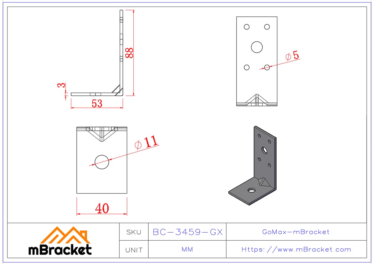 Conector de ángulo en L de hierro angular Accesorios de ferretería de refuerzo estructural - 3*40*50*90 Dimensiones del producto