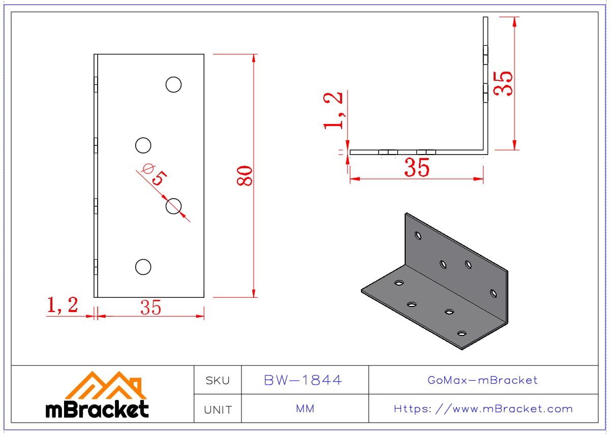 Angle en acier léger de type L - 1.2*80*36*36 Dimensions du produit