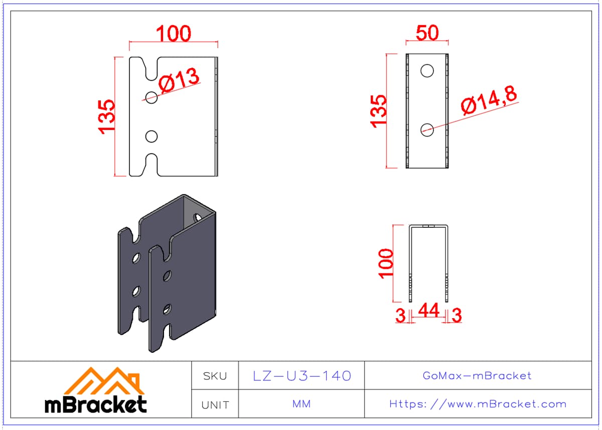 Verdeckter U-förmiger Balken-Stützen-Verbinder für japanische Holzkonstruktionen - 3*50*135 Produktabmessungen