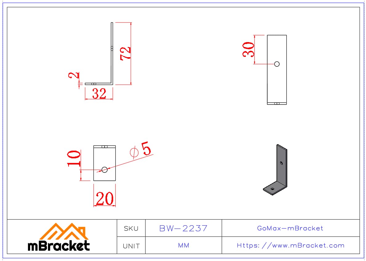 Kleiner Winkelverbinder - 2*20*30*70 Produktabmessungen