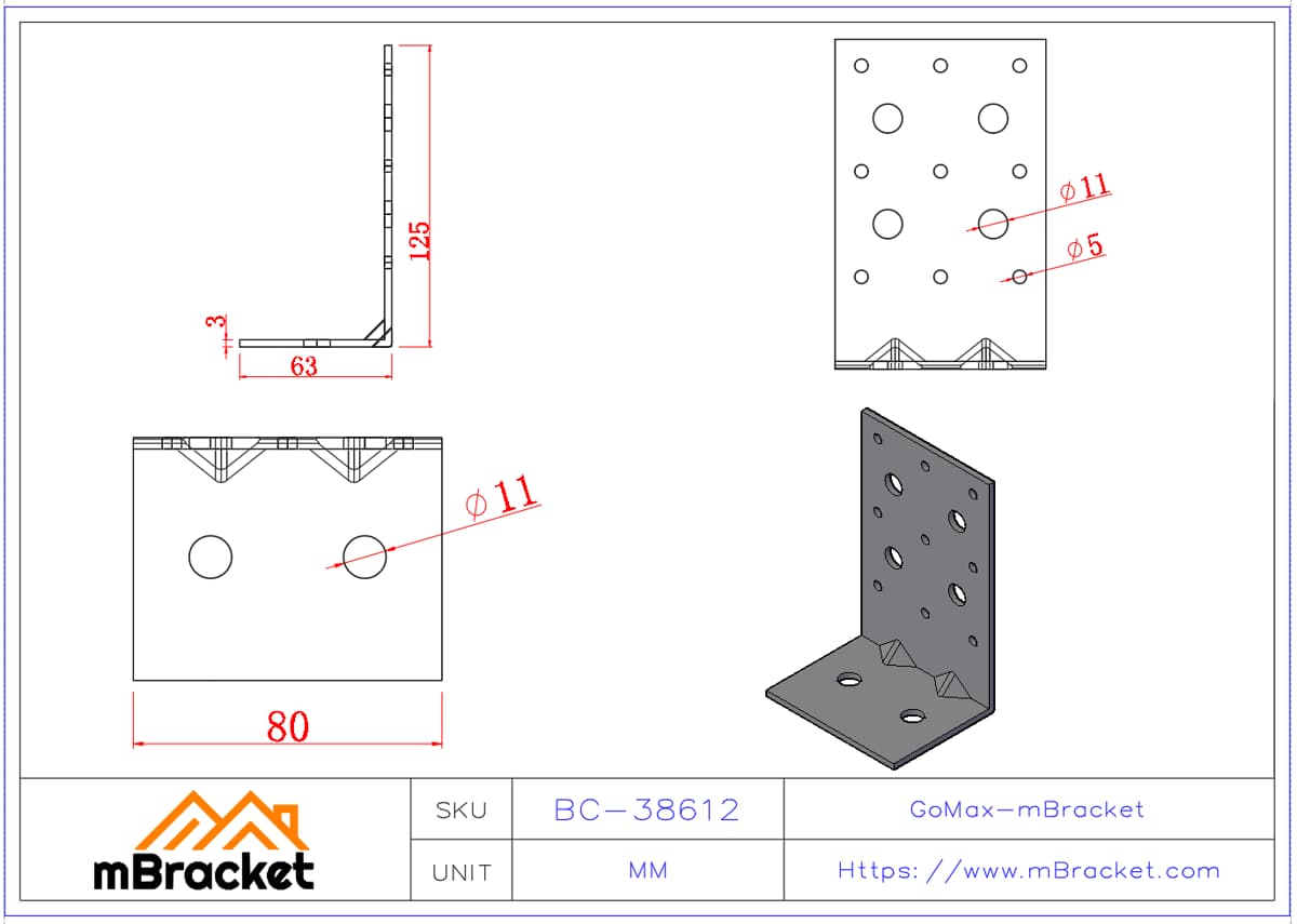Conector de Cantoneira em L Ferragens de Reforço Estrutural - 3*80*60*125 Dimensões do produto