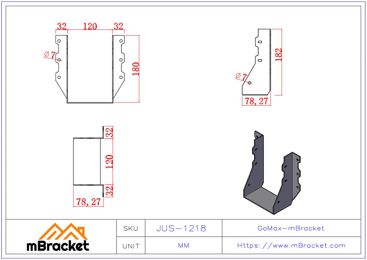 Soporte en U para Viga Conector Horizontal para Estructura de Madera - 2*120*180 Dimensiones del producto