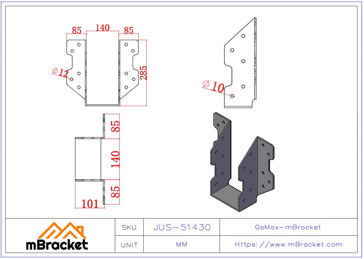 Sabot de poutre lourd pour poutre lamellée-collée, quincaillerie de renforcement de structure en acier - 5*140*300 Dimensions du produit