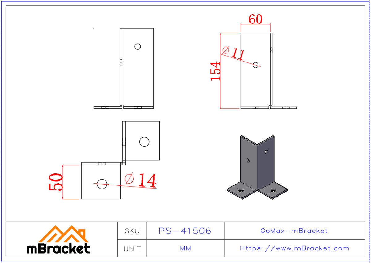 Conector de pie de poste separado Base de poste cuadrado Base de poste de madera - 4*60*60*150 Dimensiones del producto