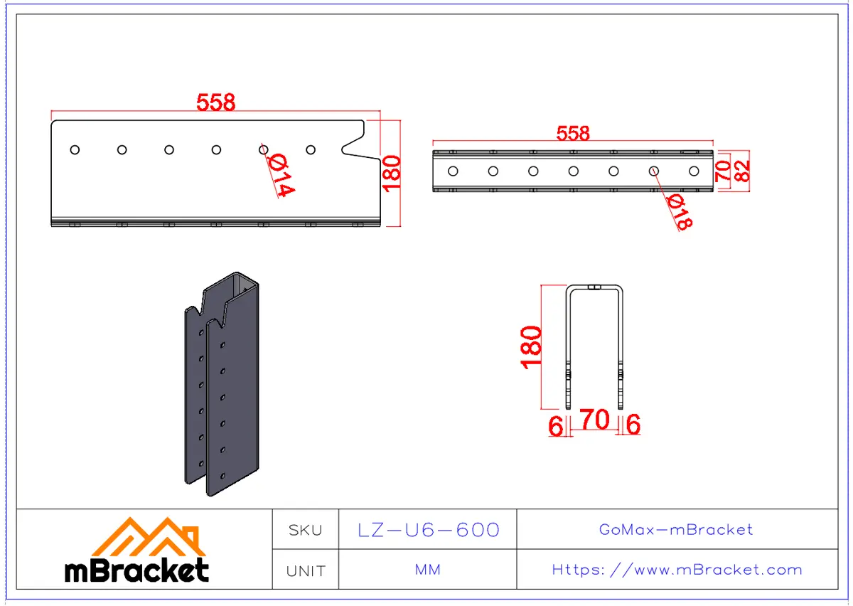 Verdeckter U-förmiger Balken-Stützen-Verbinder für japanische Holzkonstruktionen - 6*82*558 Produktabmessungen
