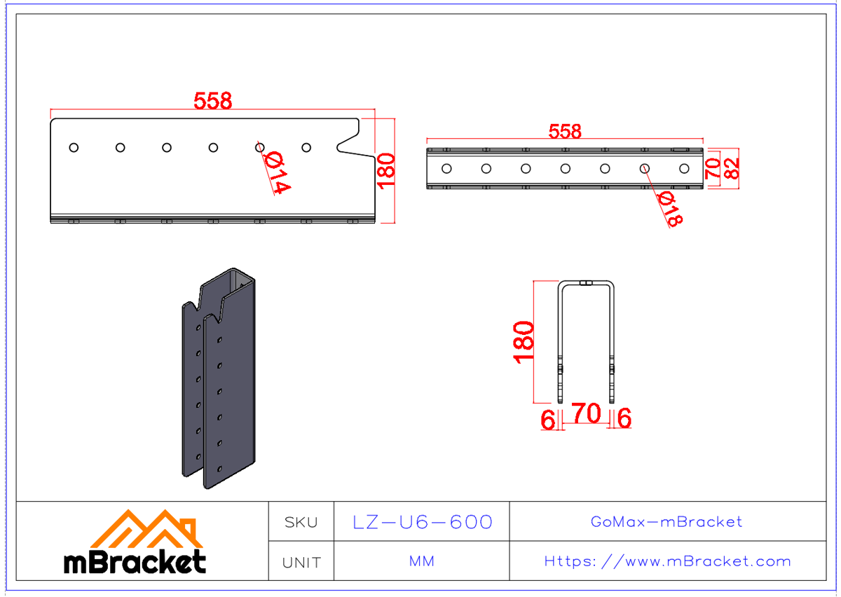 Verdeckter U-förmiger Balken-Stützen-Verbinder für japanische Holzkonstruktionen - 6*82*558 Produktabmessungen