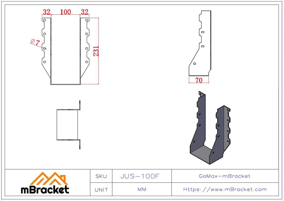Suporte de viga em U, Conector de viga de madeira, Conector para grandes estruturas de madeira - 2*100*231 Dimensões do produto