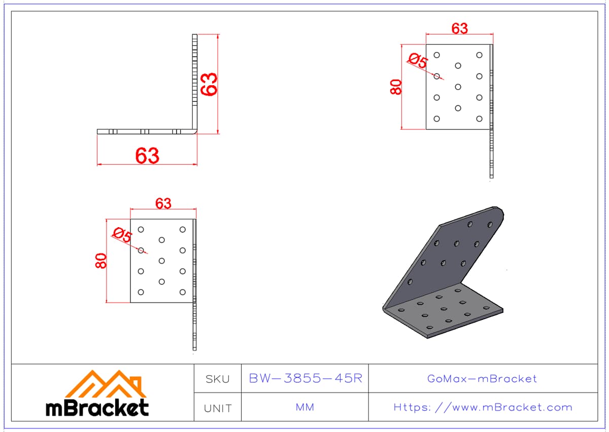 Cantoneira de 45 graus Conector inclinado Direito - 3*80*60*60 Dimensões do produto
