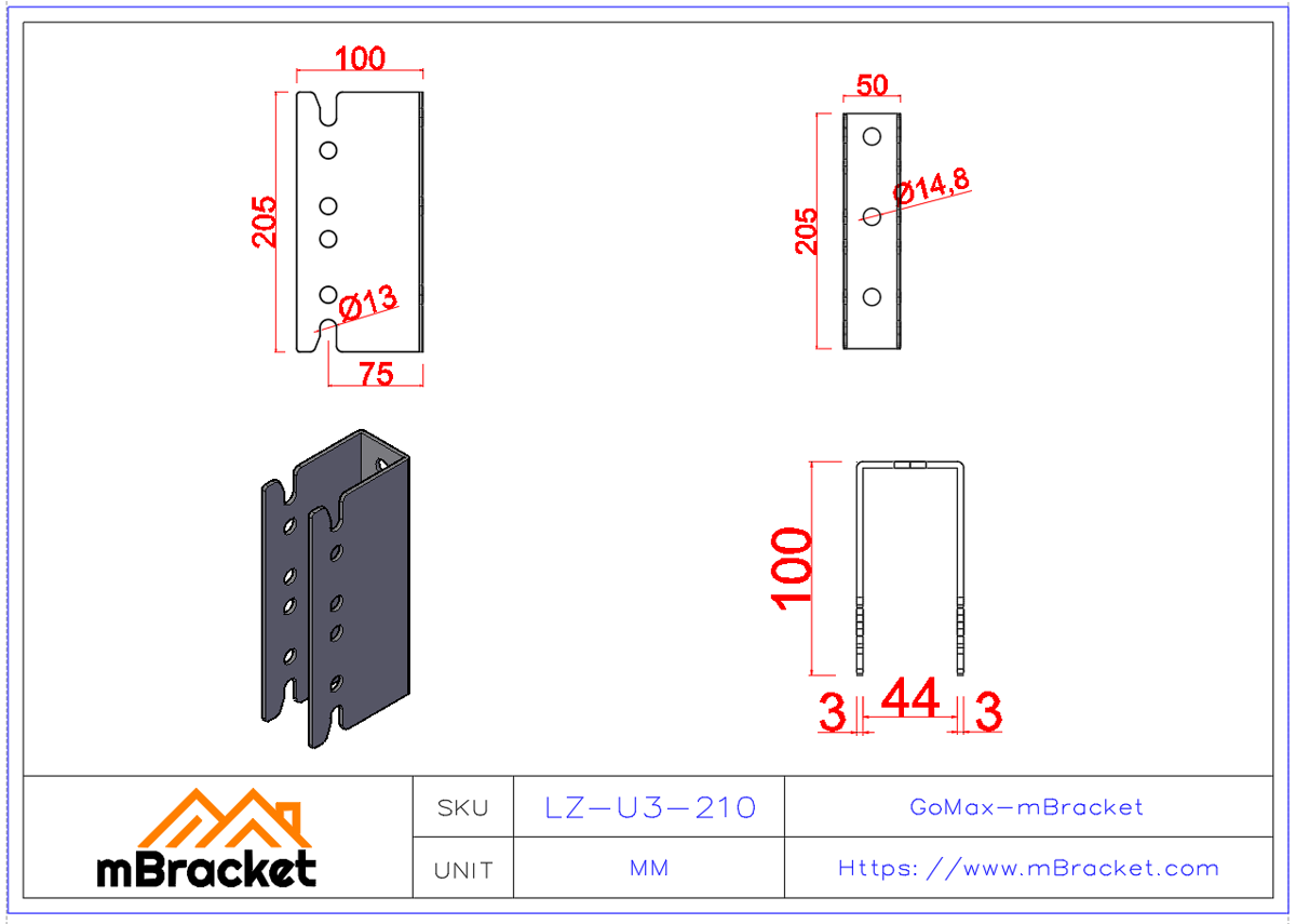 Conector oculto en forma de U para viga-columna para construcción de madera japonesa - 3*50*205 Dimensiones del producto