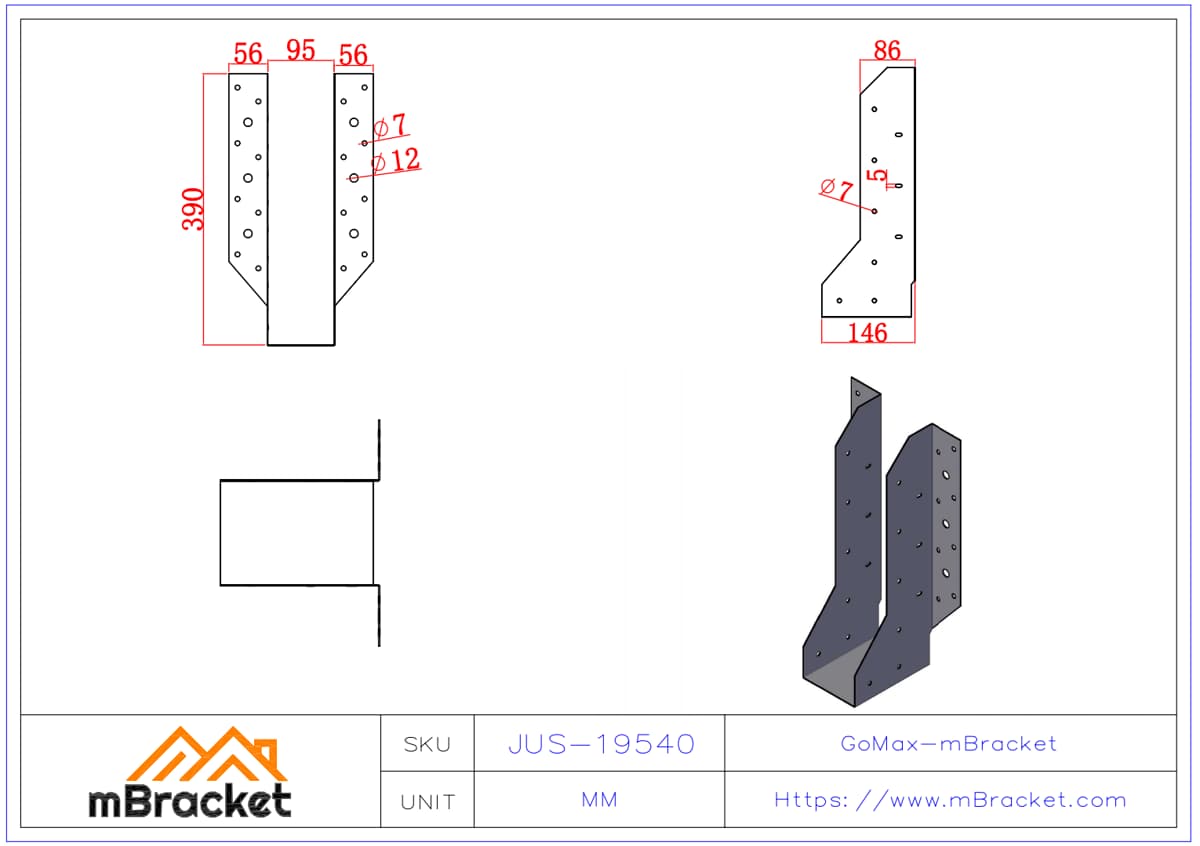 U-förmiger Balkenträger für Holz- und Leichtstahl-Verbundbalken - 3*95*390 Produktabmessungen