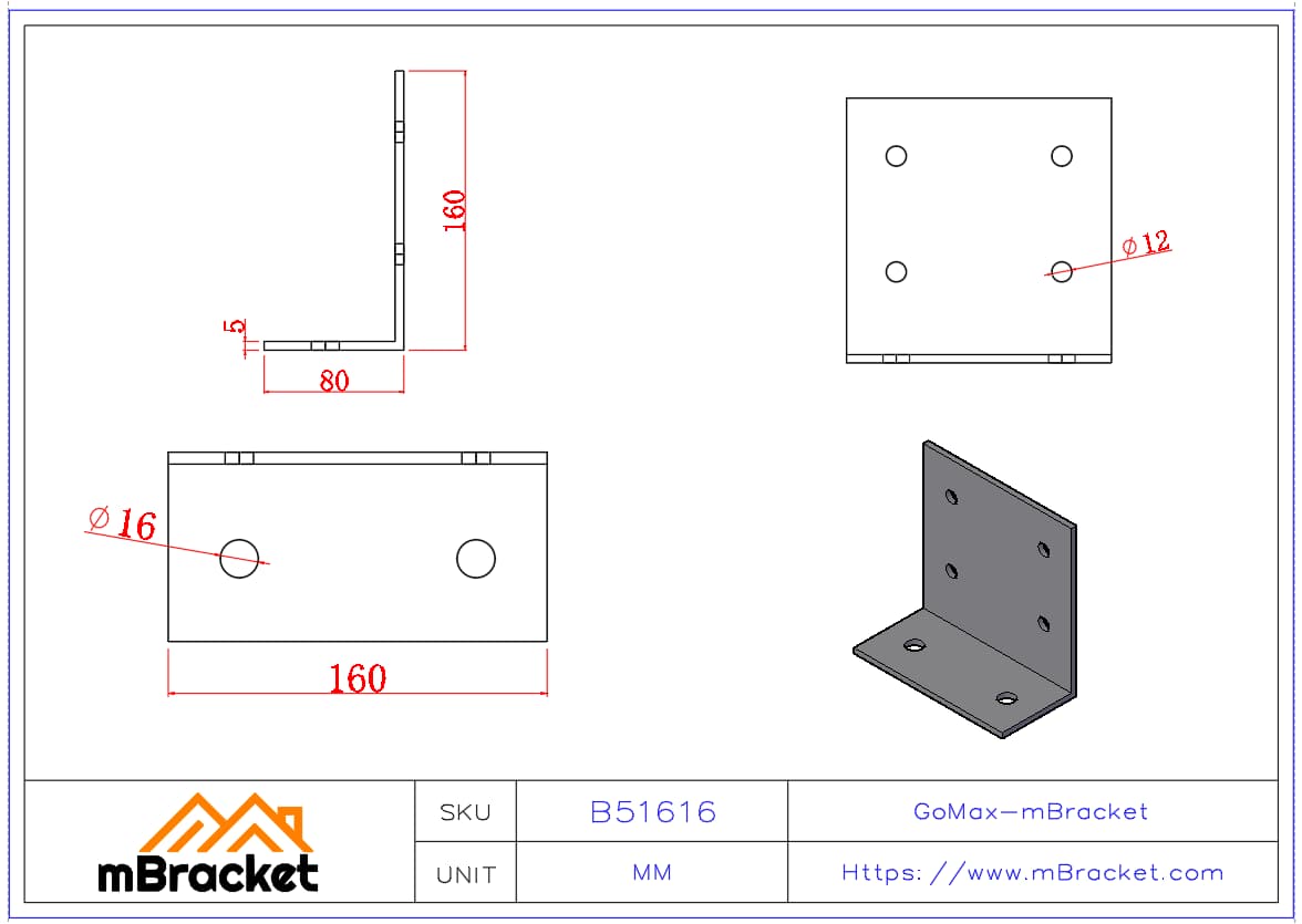 Soporte angular reforzado de servicio pesado para refuerzo estructural - 5*160*80*160 Dimensiones del producto