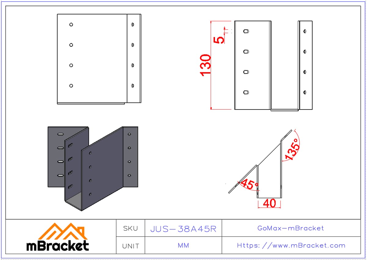 Connecteur en U à 45 degrés pour poutre Renfort de structure bois poutre-colonne - 2*38*130 Dimensions du produit