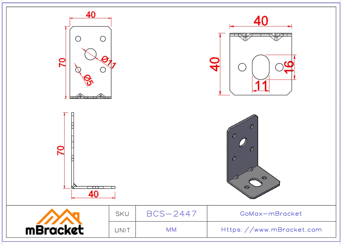 Small Angle Bracket L-Connector - 2*40*40*70 Product Dimensions