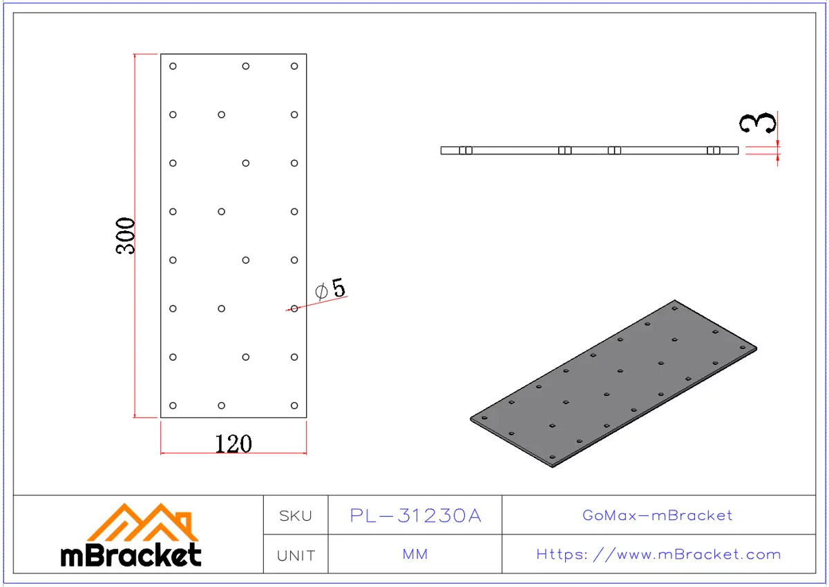 Conector de placa plana, placa de clavos, conector de armadura, herrajes metálicos para techo de madera - 3*120*300 Dimensiones del producto