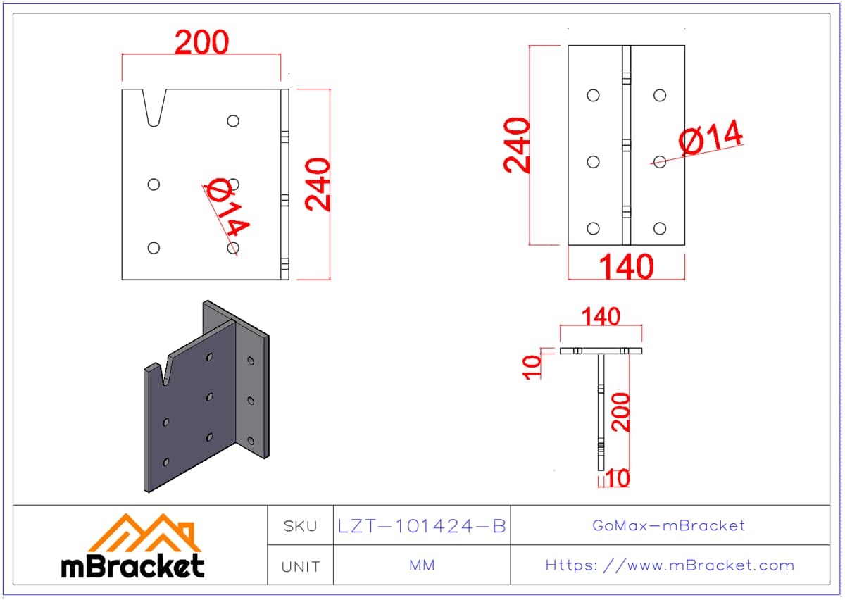 Conector oculto en T para viga-columna - 10*140*240*200 Dimensiones del producto