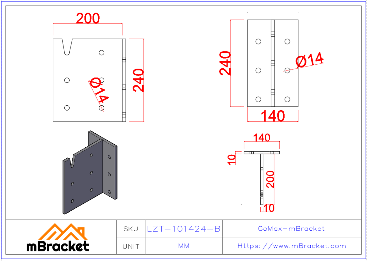 Verdeckter T-förmiger Balken-Stützen-Verbinder - 10*140*240*200 Produktabmessungen