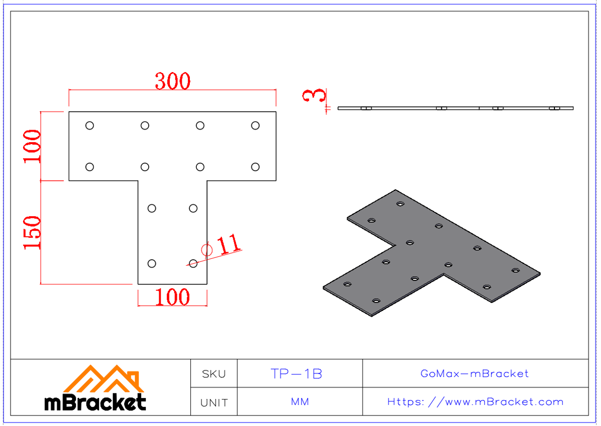 T-Verbinder Balken-Stützen-Verbinder Stahlbau-Beschlag - 3*100*300*250 Produktabmessungen