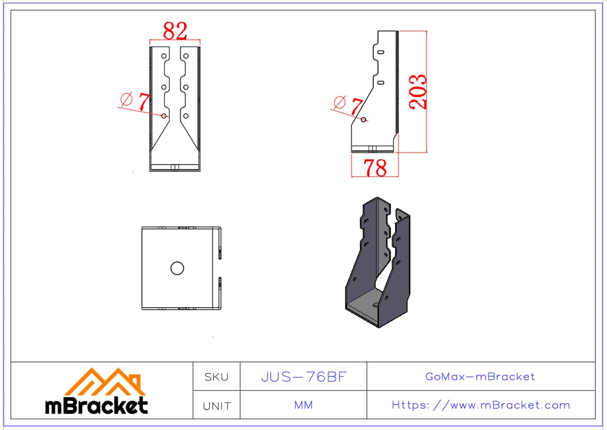 Fixation anti-arrachement renforcée Connecteur vent et séisme - 2*82*203 Dimensions du produit