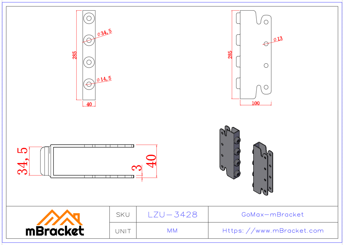 U-förmiger verdeckter Balken-Stützen-Verbinder, Japanischer Balken-Stützen-Verbinder - 3*40*285*100 Produktabmessungen