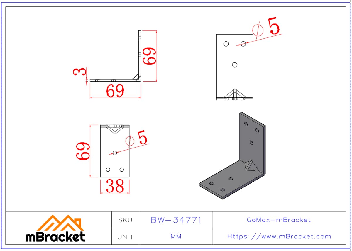 موصل زاوية على شكل حرف L - 3*38*69*69 أبعاد المنتج