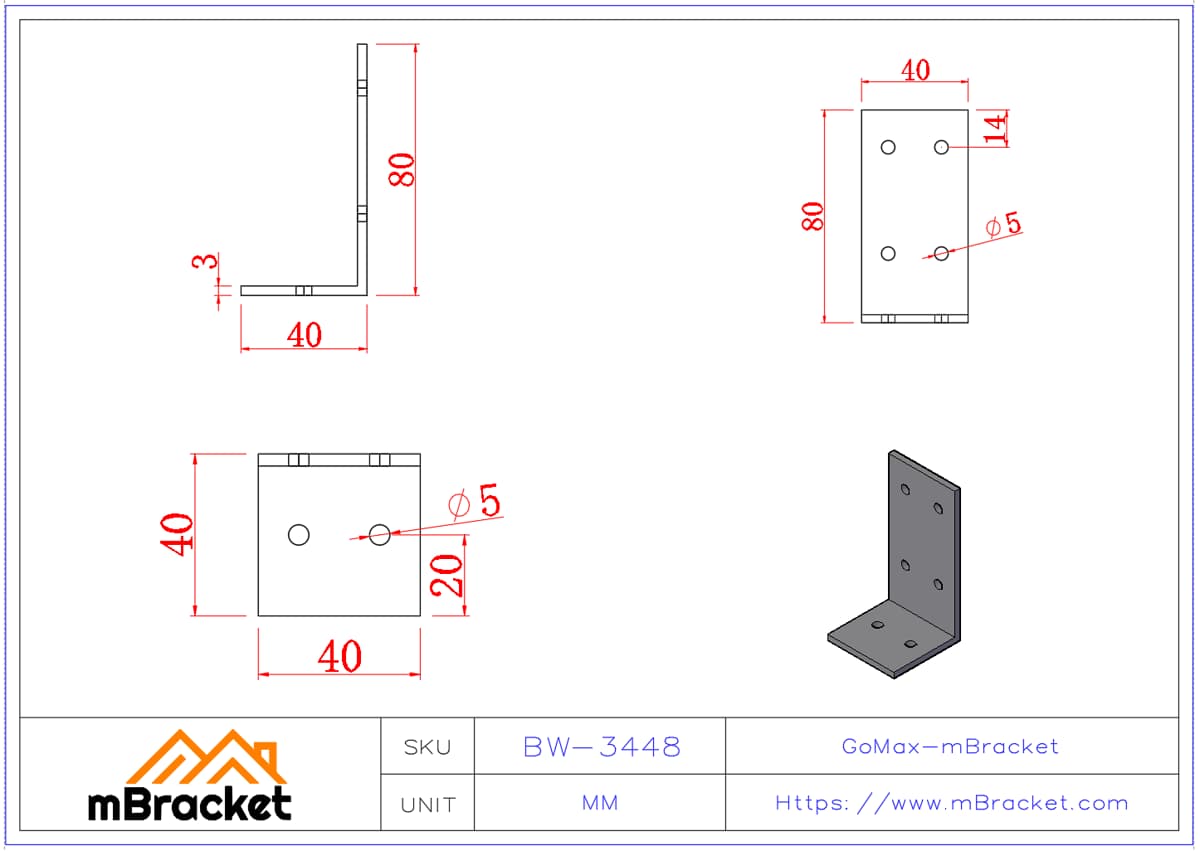 موصل زاوية على شكل L - 3*40*40*80 أبعاد المنتج