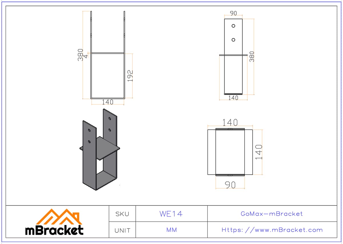 Scellement de poteau fixe pour villa à ossature bois connecteur métallique - 4.0*140*380 Dimensions du produit