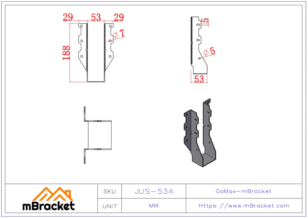 Soporte en U para Viga Conector Horizontal para Estructura de Madera - 2*53*188 Dimensiones del producto