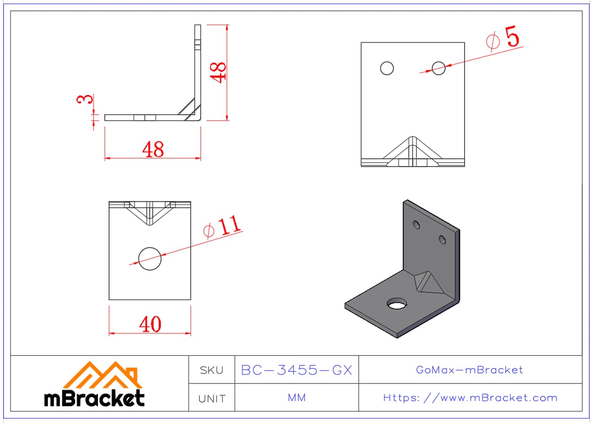 Conector de ângulo em forma de L - 3*40*50*50 Dimensões do produto