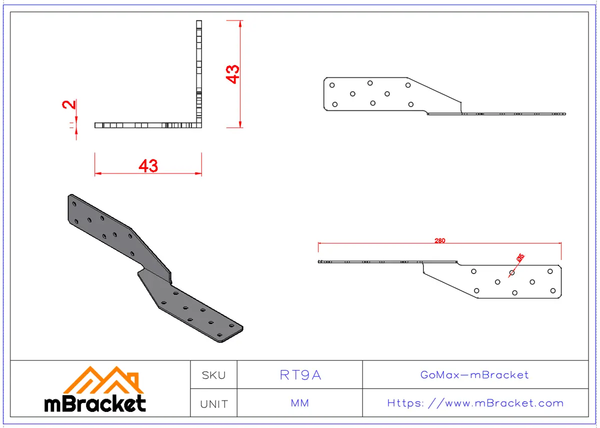 Conector contra furacões alongado, giratório para estruturas de madeira e aço leve - 2*42*280 Dimensões do produto