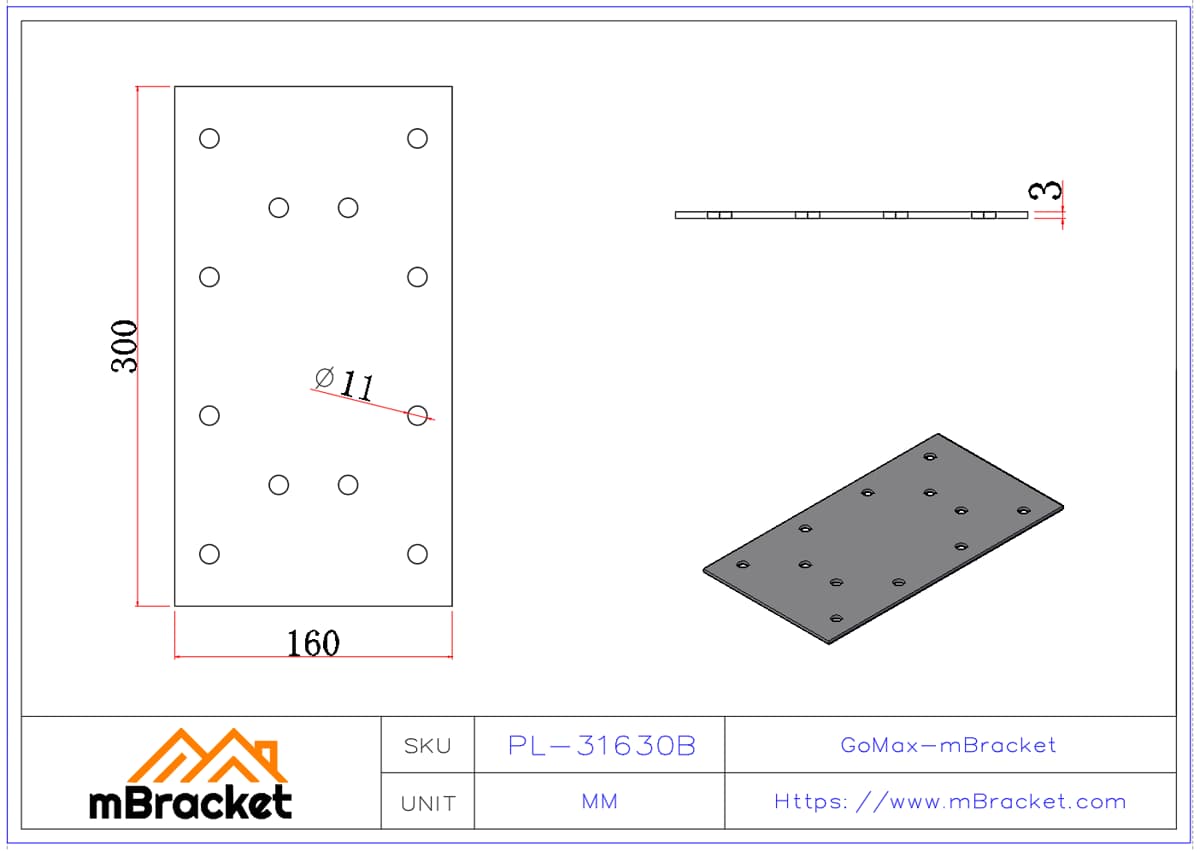 Placa de conexión plana, placa de clavos, conector de armadura, accesorios metálicos para techos de madera - 3*160*300 Dimensiones del producto