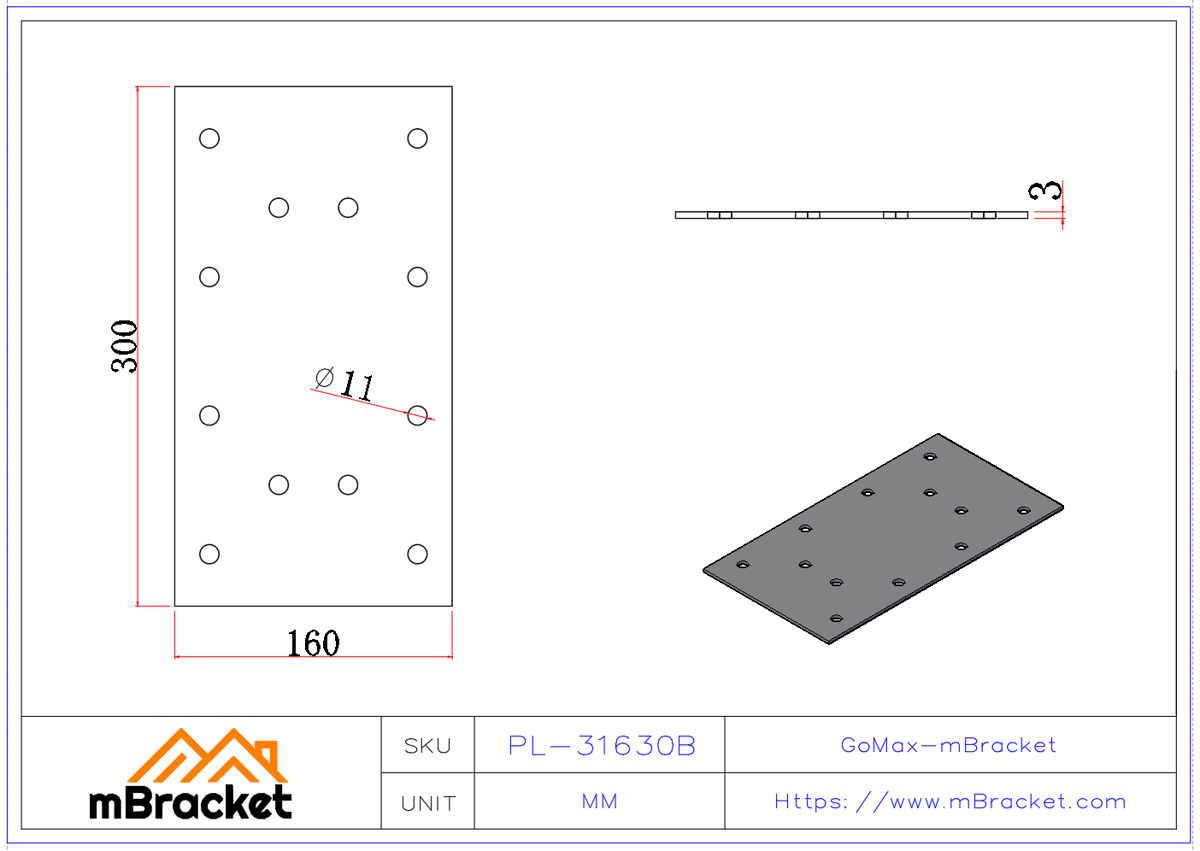 Flachverbinder, Nagelplatte, Trägerverbinder, Holz-Dach-Metallbeschläge - 3*160*300 Produktabmessungen