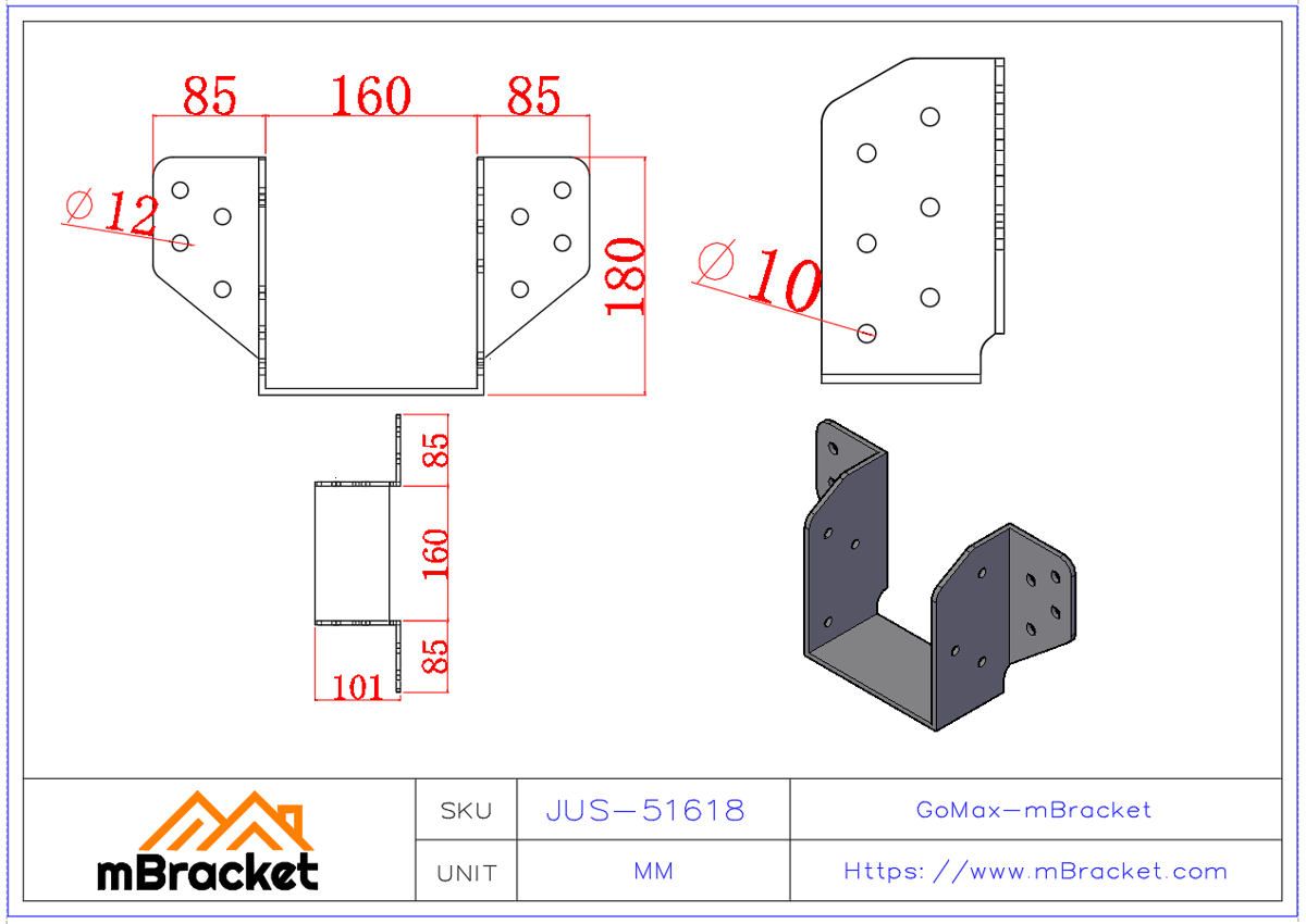 Conector de viga pesado para viga de madera de 160 mm de ancho, conector estructural - 5*160*175 Dimensiones del producto