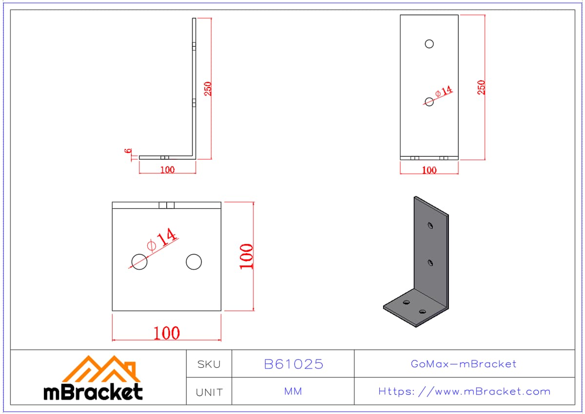 Schwerlast-Winkelverbinder mit verstärkter Bauweise für strukturelle Verstärkung - 6*100*100*250 Produktabmessungen