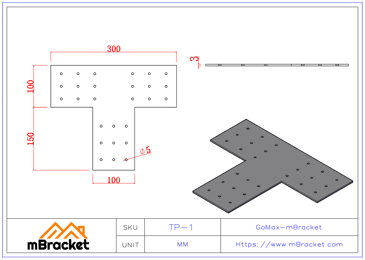 T-förmiger Verbinder Balken-Stützen-Verbinder Stahlbau-Rechtwinkliger Flachplattenverbinder - 3*100*300*250 Produktabmessungen