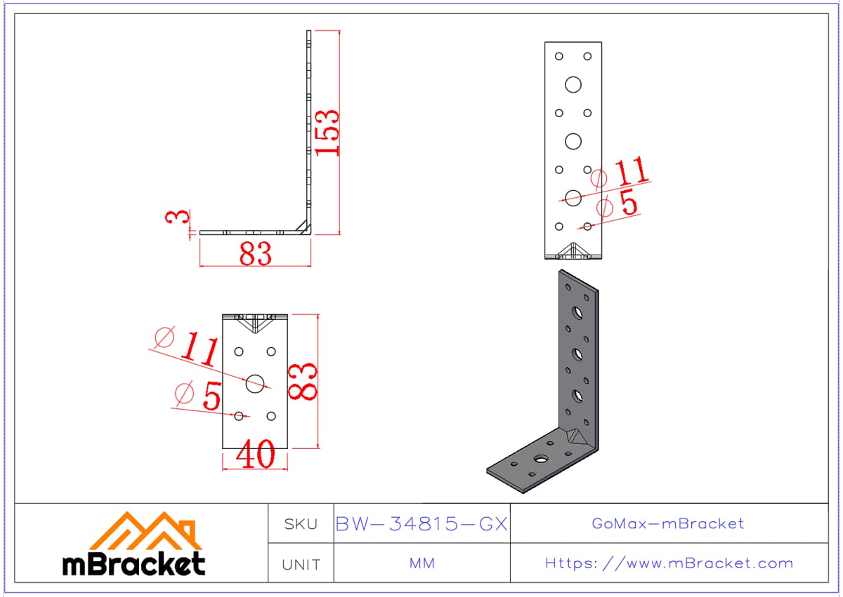 L-förmiger Winkelverbinder Winkelverbindungselemente Baukonstruktionsverstärkungshardware-Zubehör - 3*40*80*150 Produktabmessungen