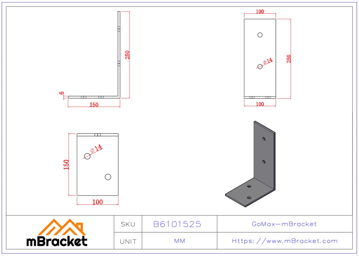 Heavy-Duty Angle Bracket Wood Structure Reinforcement Connector Large Steel Angle Connector - 6*100*150*250 Product Dimensions