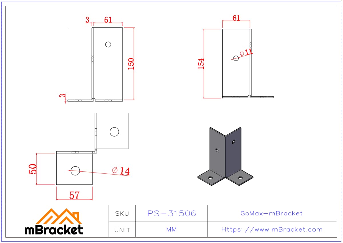 Quadratischer Pfostenfußverbinder Geteilter Pfostenschuh Stahlkonstruktionsbasis - 3*60*60*150 Produktabmessungen