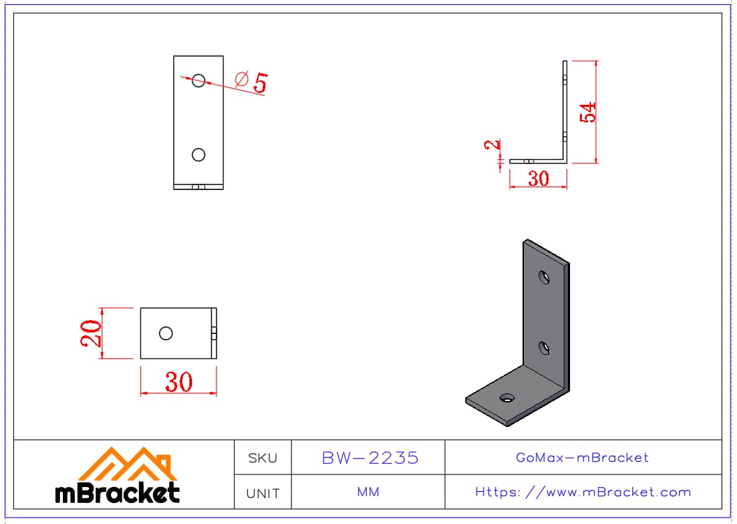 Petit connecteur d'angle - 2*20*30*54 Dimensions du produit