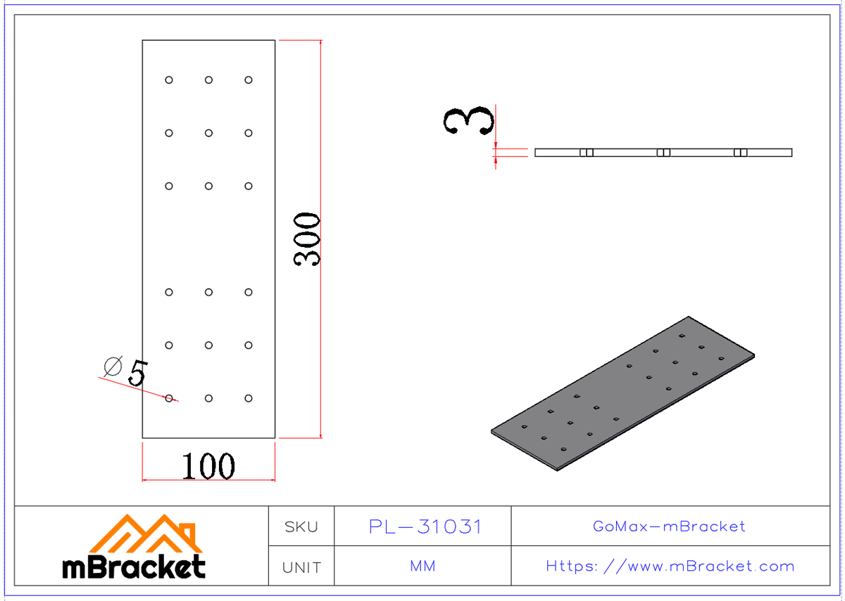 Connecteur de poutre plat, connecteur métallique pour charpente en bois - 3*100*300 Dimensions du produit