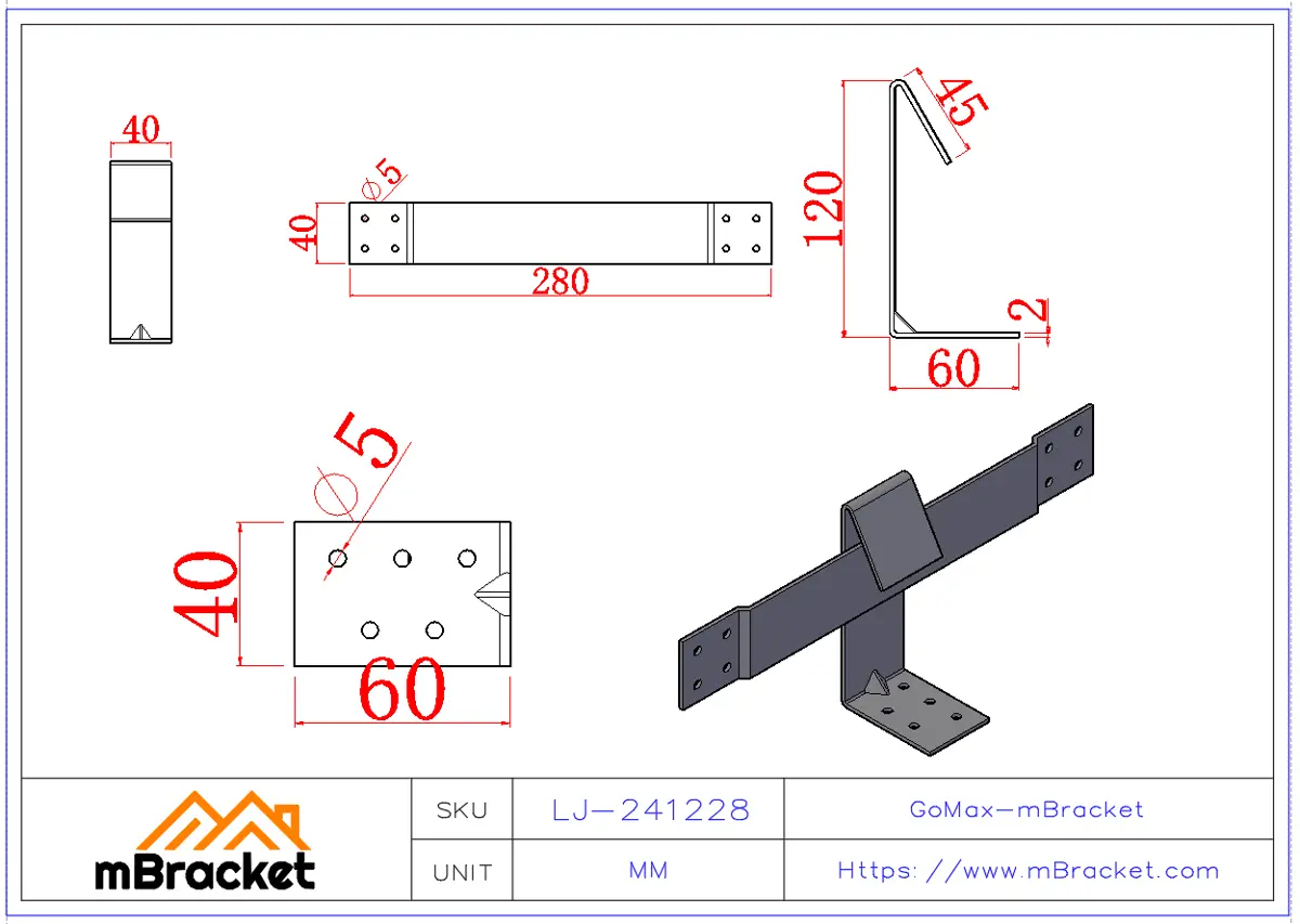 Tirante antivento deslizante Conector para madeira - 2*40*120*280 Dimensões do produto