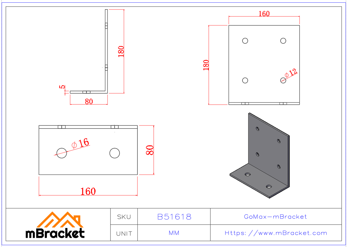 Cantoneira de Serviço Pesado Conector de Reforço para Estruturas de Madeira - 5*160*100*180 Dimensões do produto