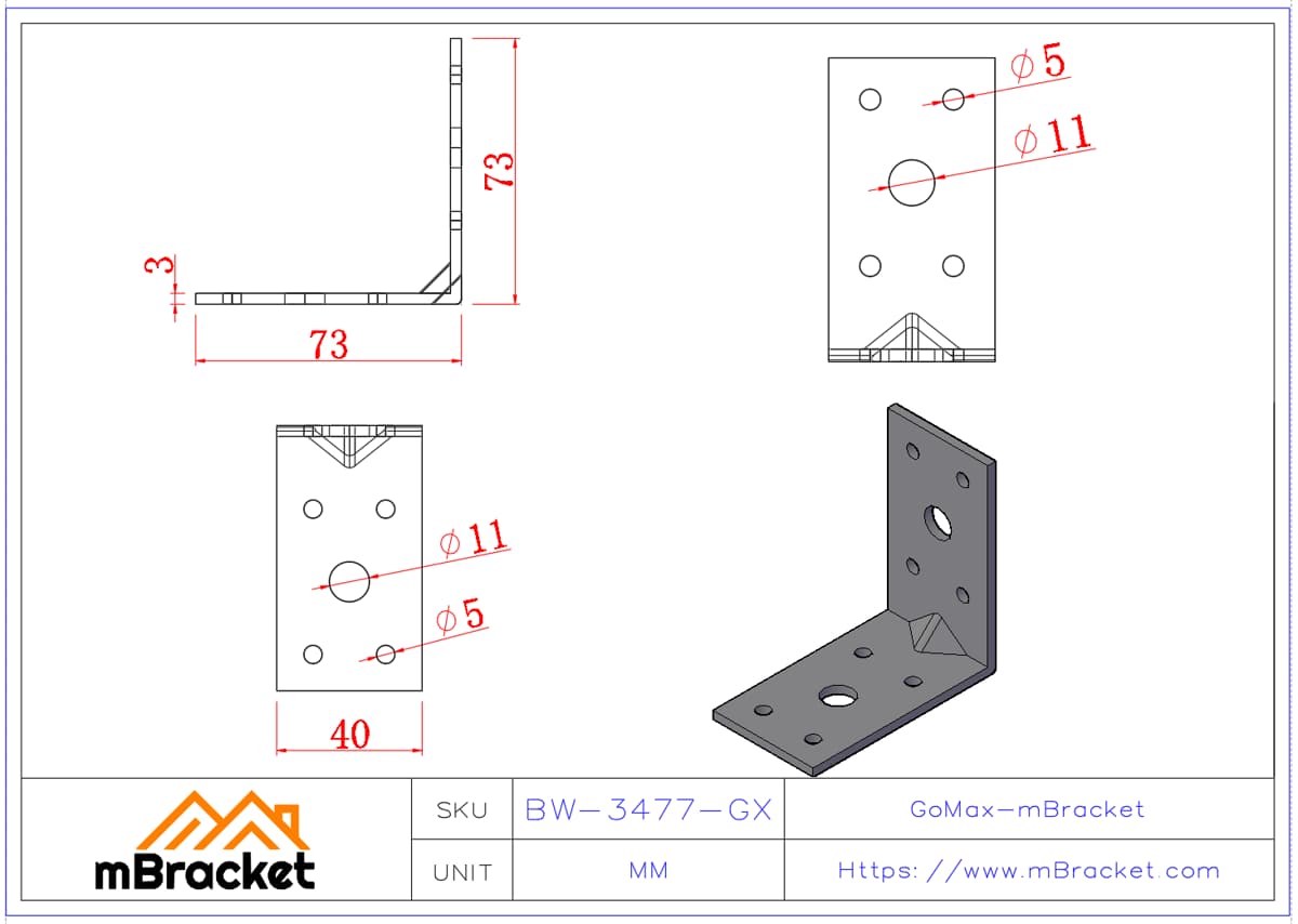 Conector de ângulo em forma de L de ferro angular para reforço estrutural de edifícios - 3*40*70*70 Dimensões do produto