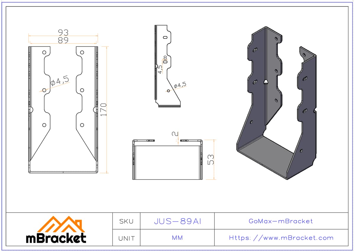 Connecteur de suspente en U pour connexion horizontale solive-poutre - 2*89*170 Dimensions du produit