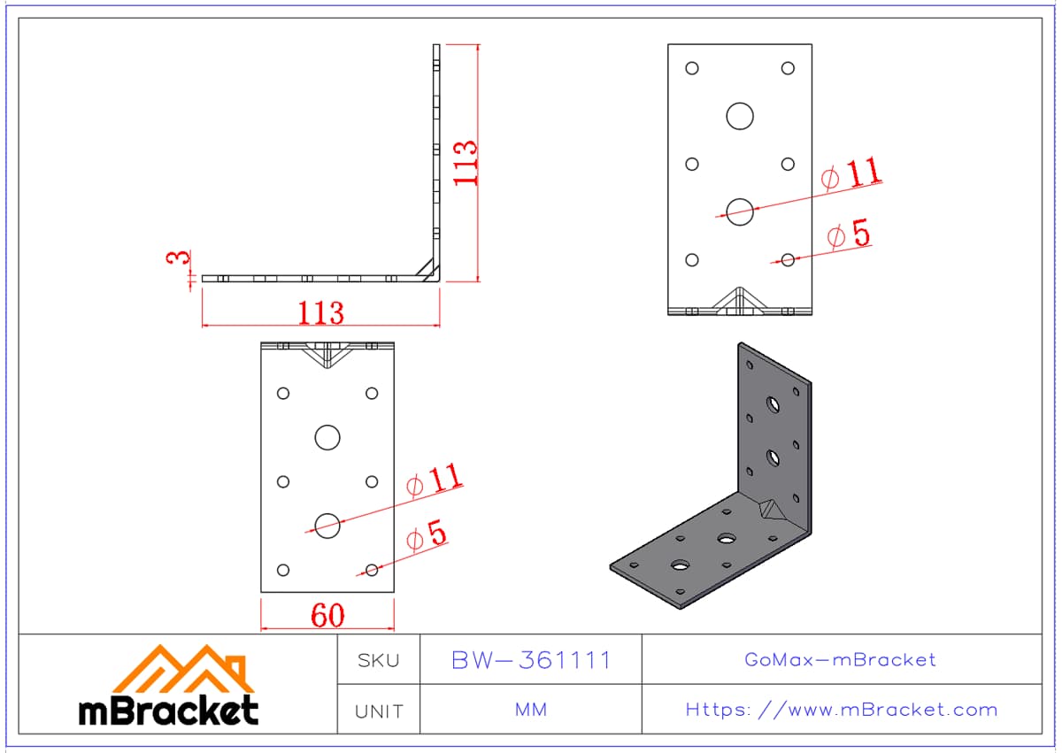 Conector de Canto em L Conector de Ângulo de Aço Acessórios de Ferragens de Reforço de Estrutura de Construção - 3*60*110*110 Dimensões do produto