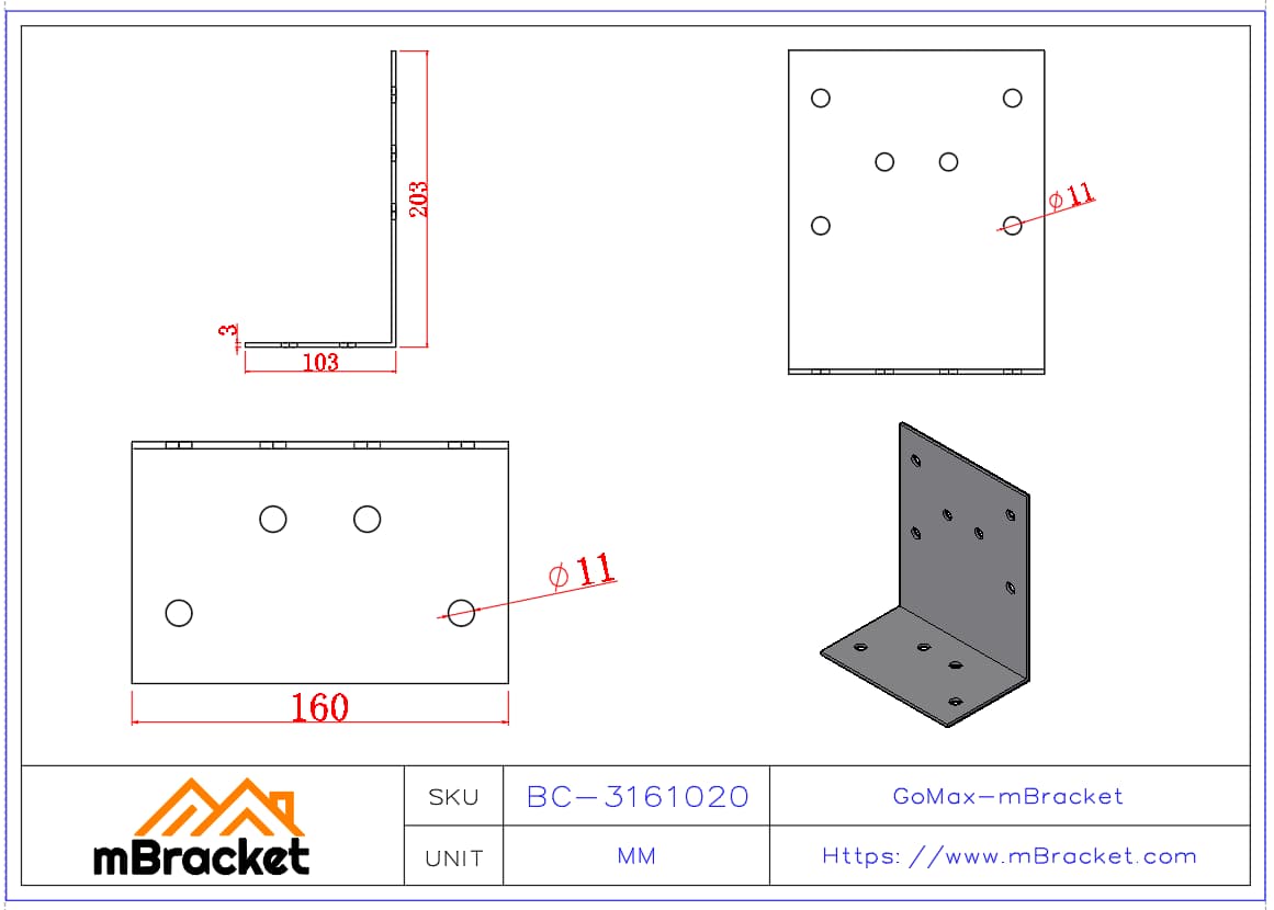Connecteur d'angle en acier en L Matériel de renforcement structurel - 3*160*100*200 Dimensions du produit