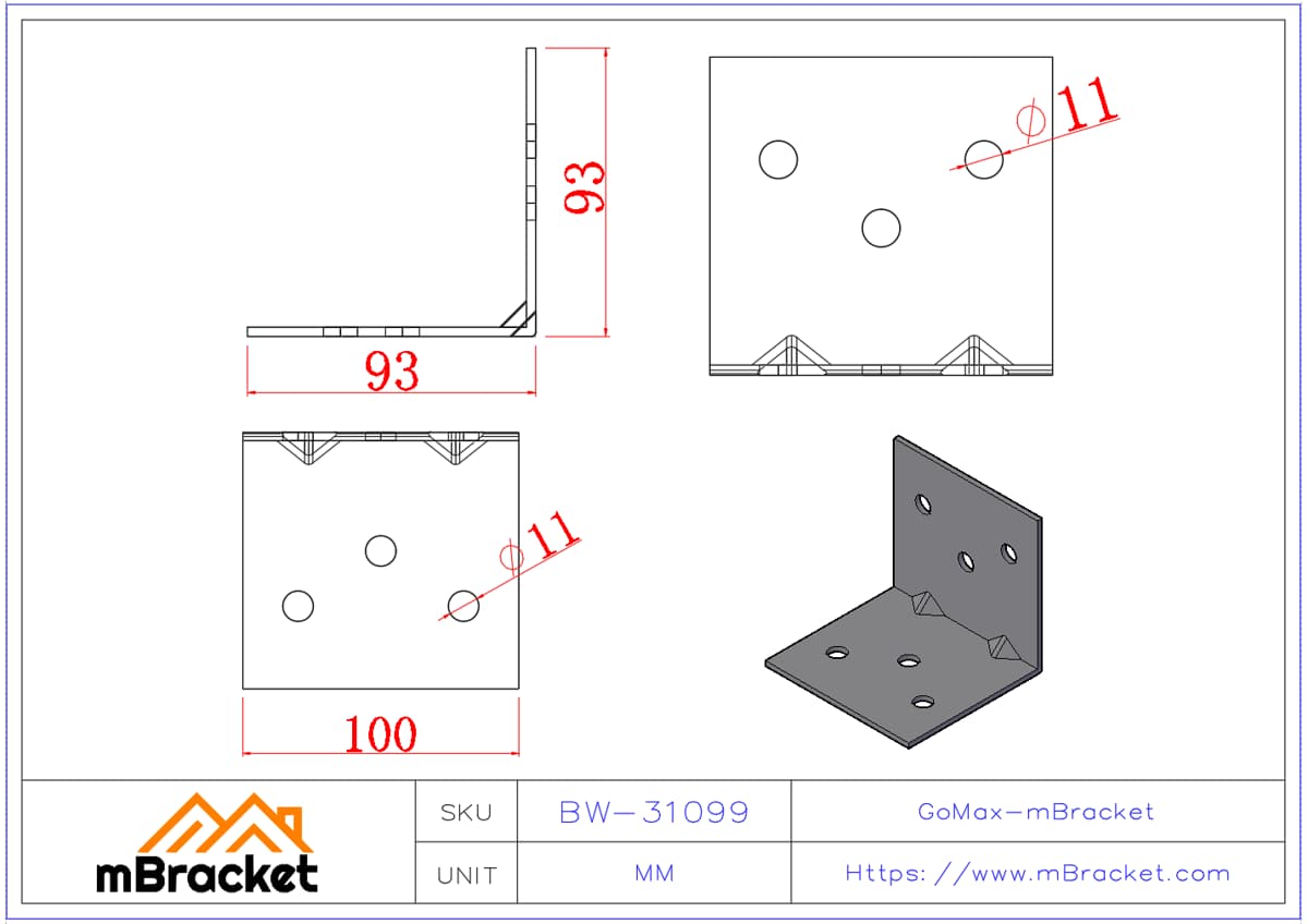 L-förmiger Winkelverbinder Baustahlverbinder Bau-Hardware - 3*100*90*90 Produktabmessungen