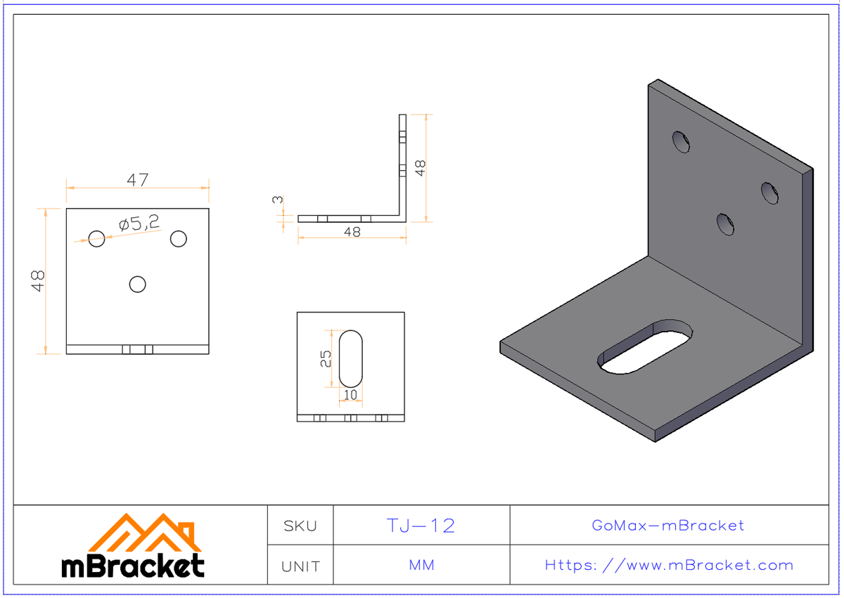 Conector de Ângulo em L - Versão de furos pequenos Dimensões do produto