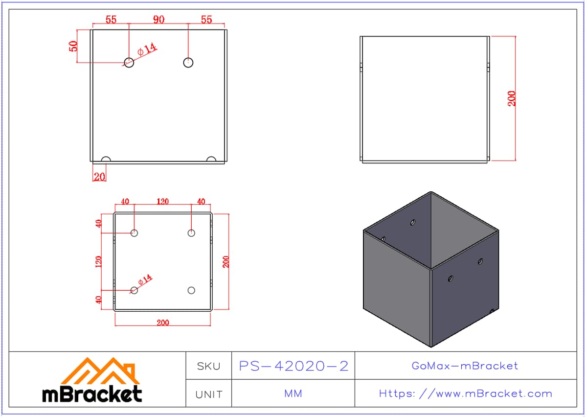 Vierkant-Stützenfußverbinder, Pfostenschuh, Stahlstützenbasis - 4*200*200*200 Produktabmessungen
