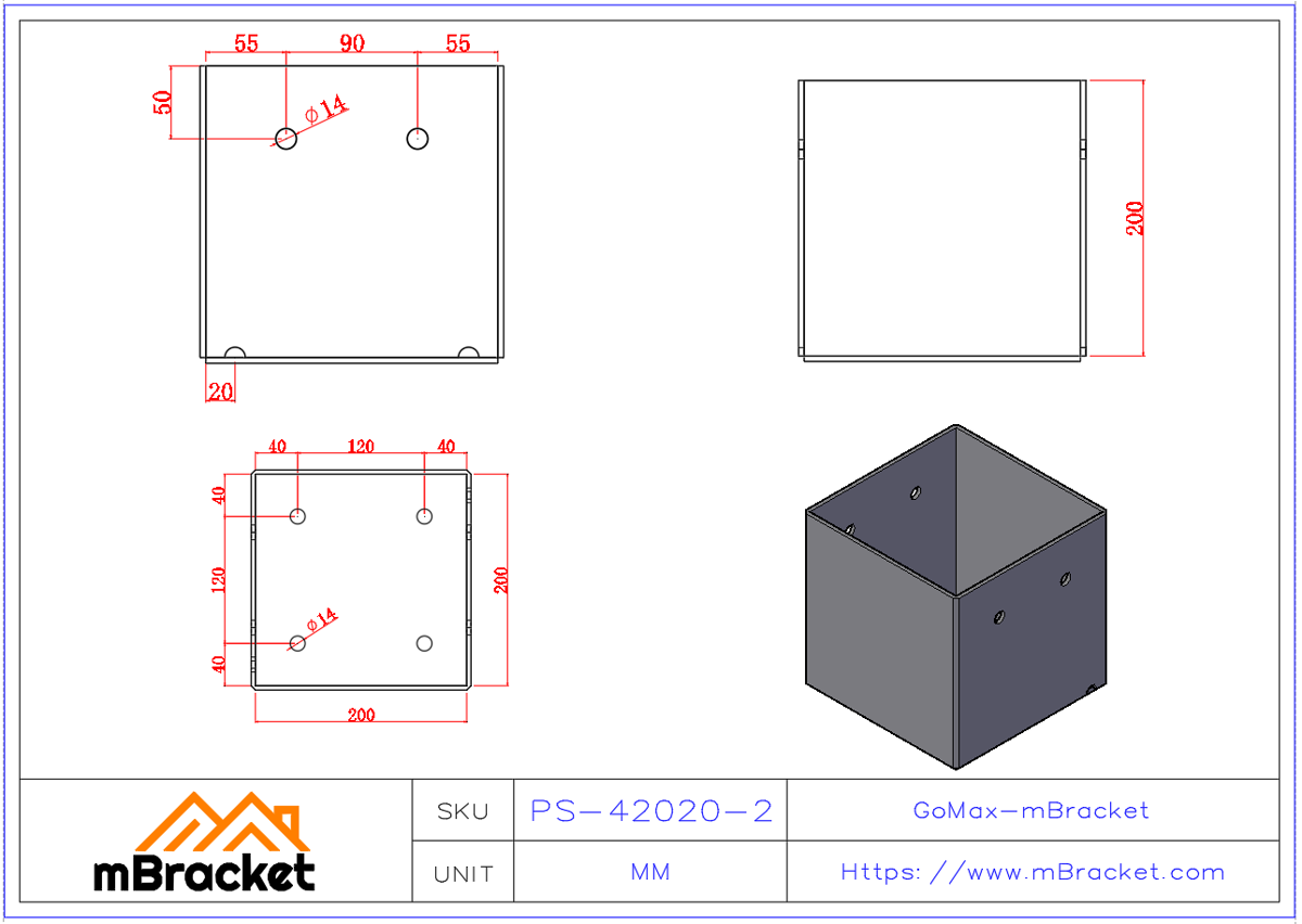 Square Column Base Connector, Post Base, Steel Column Base - 4*200*200*200 Product Dimensions